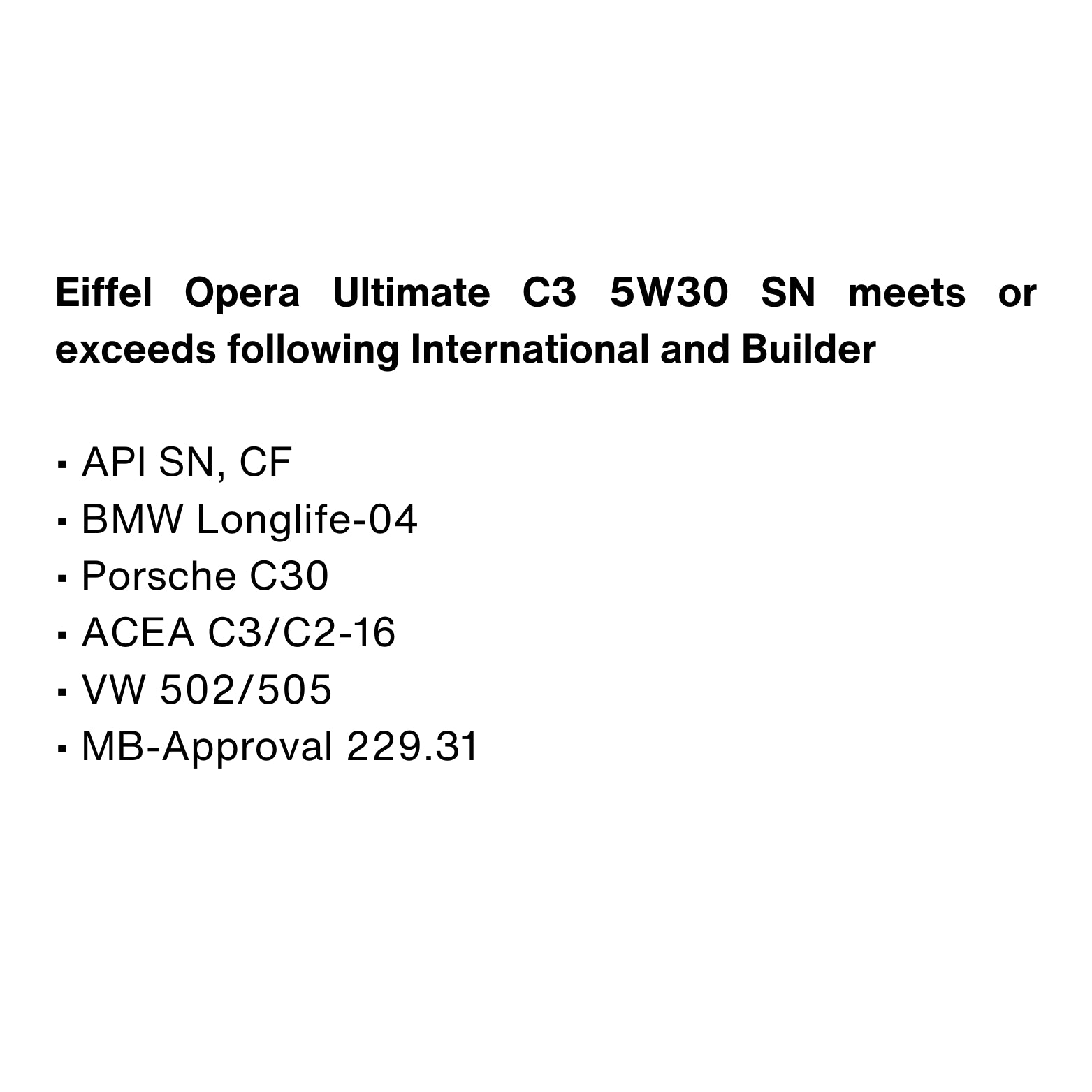 EIFFEL OPERA ULTIMARTE 5W30 C3 FULLY SUNTHETIC ENGINE OIL SPECIFICATIONS