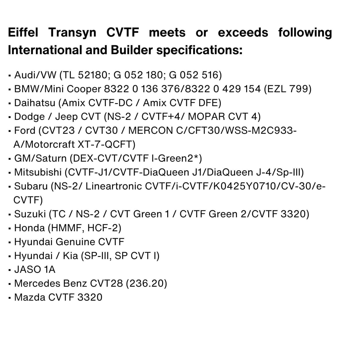 continuously variable transmission fluid - specifications