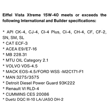 EIFFEL VISTA EXTREME SEMI SYNTHETIC 15W40 DIESEL OIL CK4/SN SPECIFICATIONS