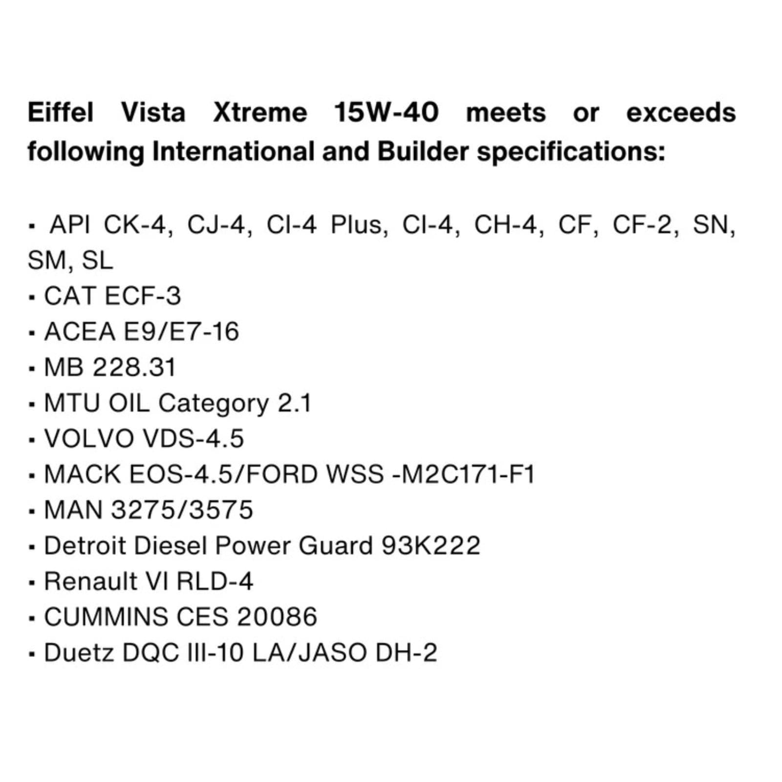 Eiffel Vista Extreme 15W-40 Full Synthetic Diesel Engine Oil CK-4/SN 5L 4