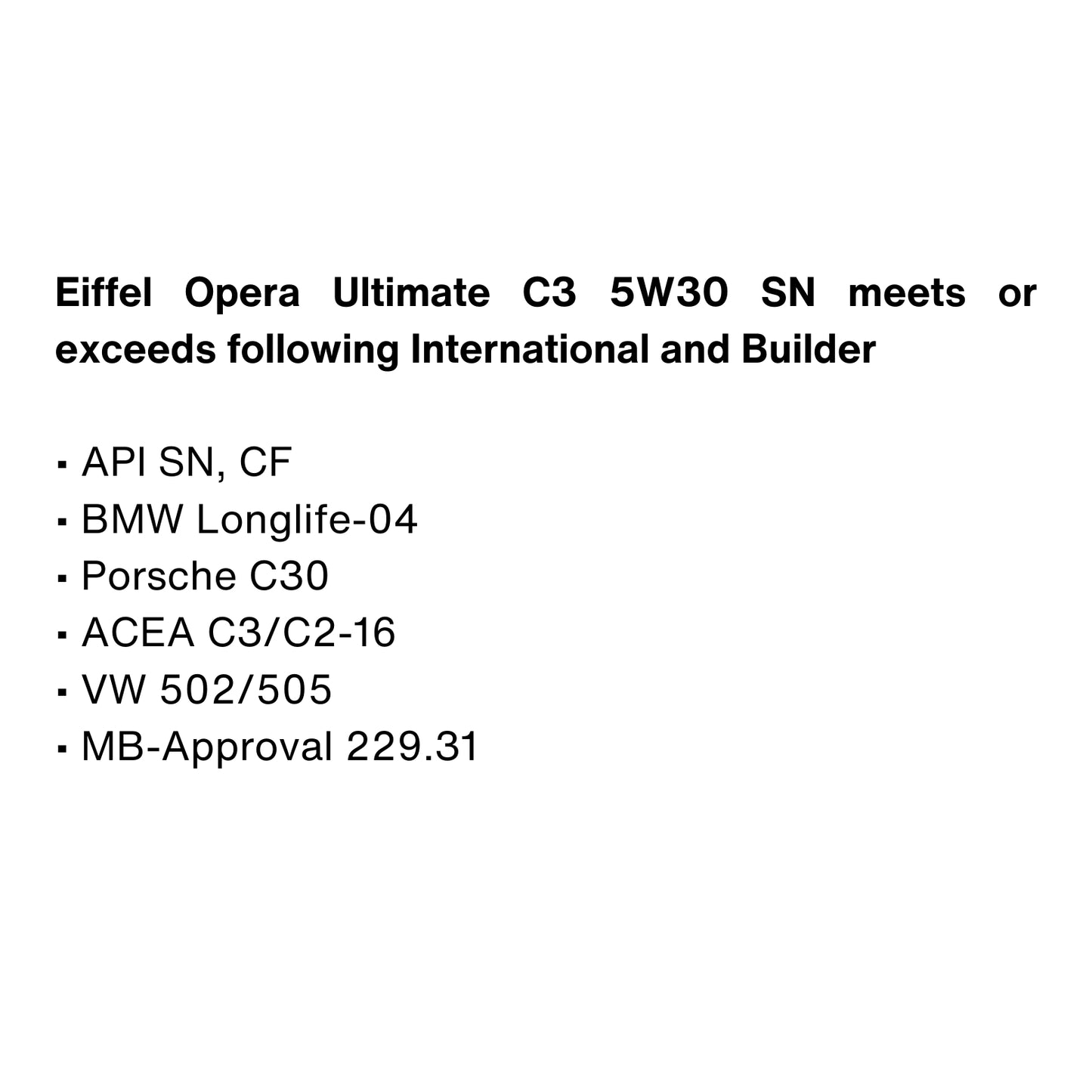 EIFFEL OPERA ULTIMARTE 5W30 C3 FULLY SUNTHETIC ENGINE OIL SPECIFICATIONS
