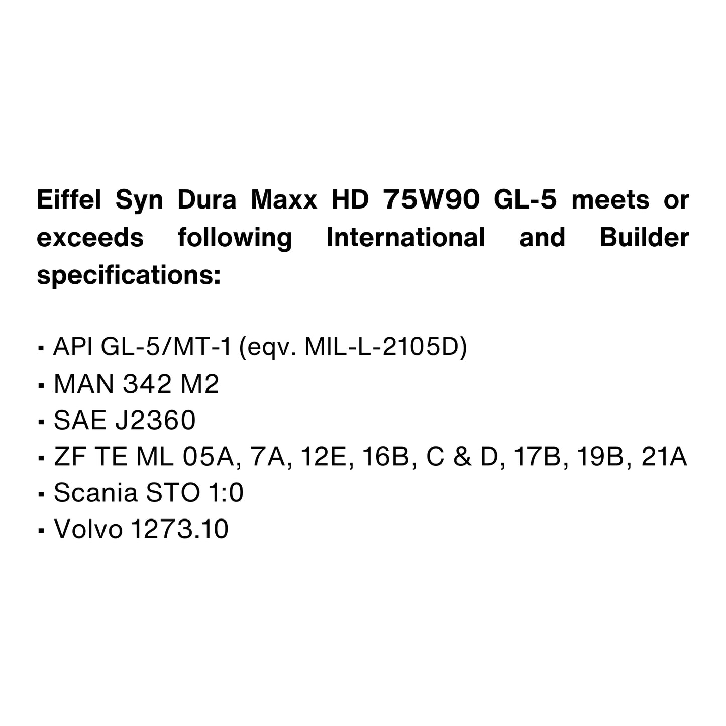EIFFEL SYN DURAMAXX HD SAE 75W90 FULLYSYNTHETIC GL-5 ENGINE OIL SPECIFICATIONS