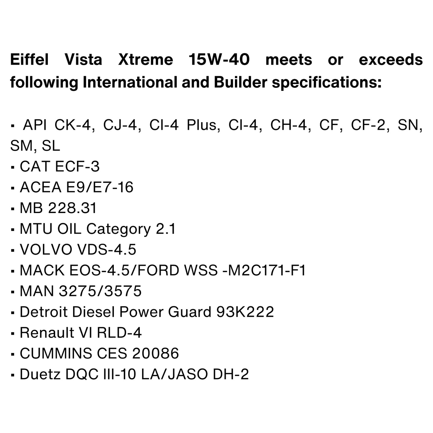 EIFFEL VISTA EXTREME SAE 15W40 CK4/SN MINERAL DIESEL OIL SPECIFICATIONS