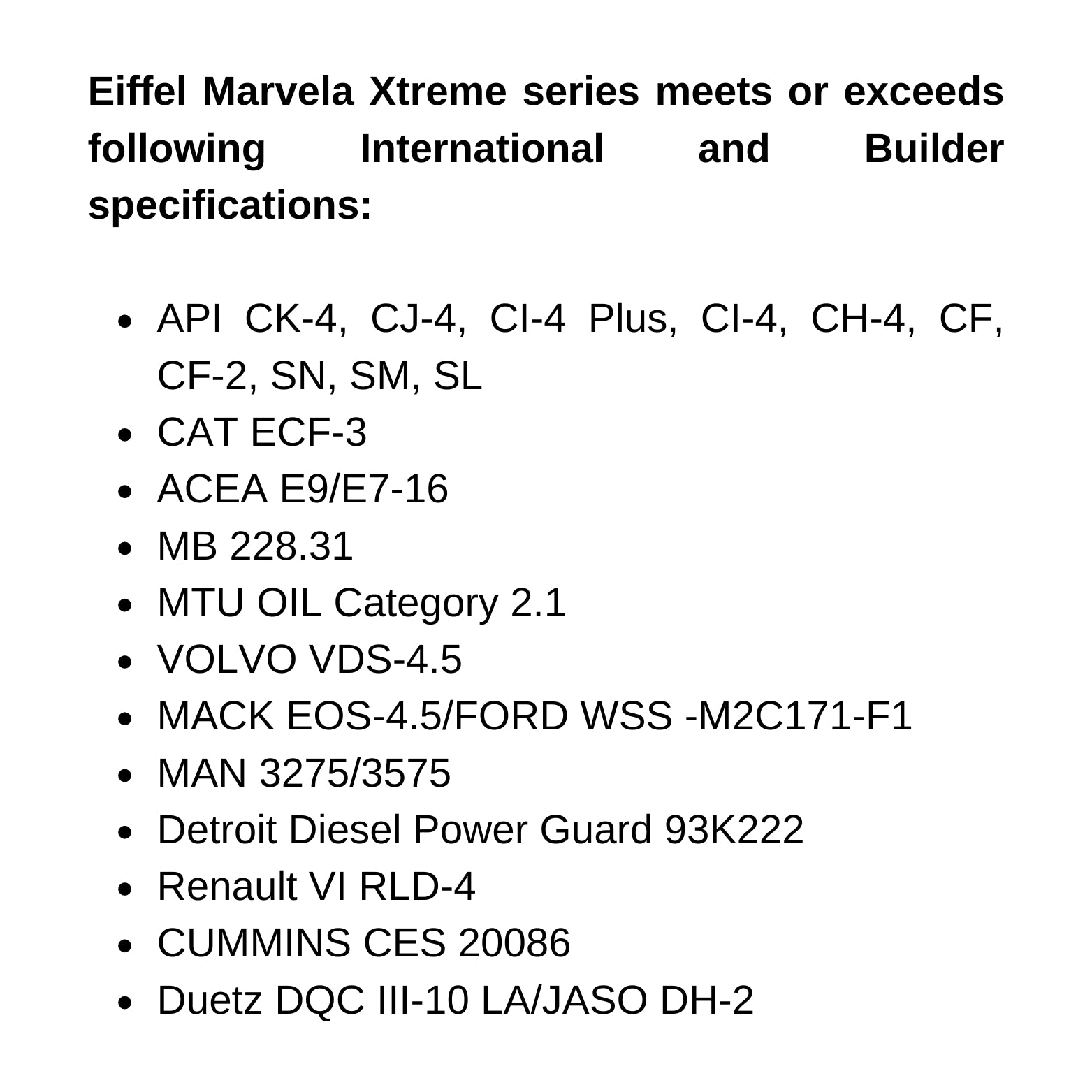 Eiffel Marvela Xtreme 10W40 CK4/SN Fully Synthetic Engine Oil - Specifications