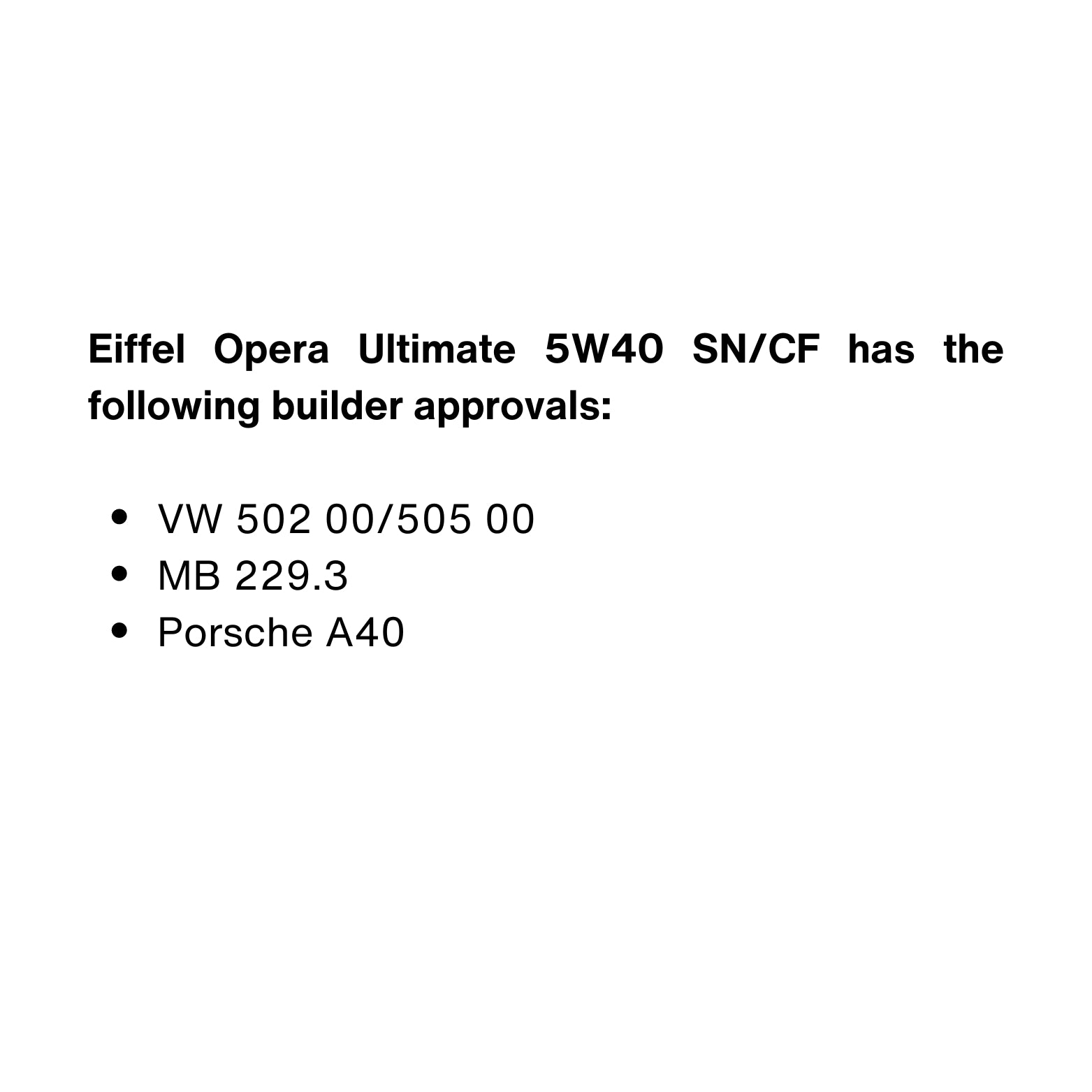 EIFFEL OPERAULTIMATE 5W40 SN/CF FULLY SYNTHETIC DIESEL OIL SPECIFICATIONS