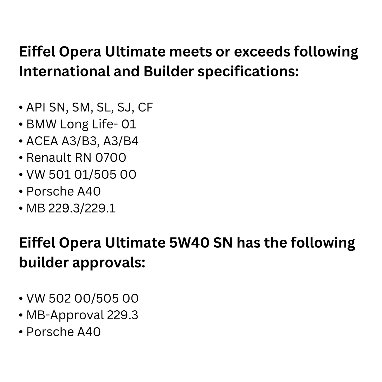 5W40 SN/CF FULLY SYNTHETIC DIESEL OIL SPECIFICATIONS and BULDER APPROVALS