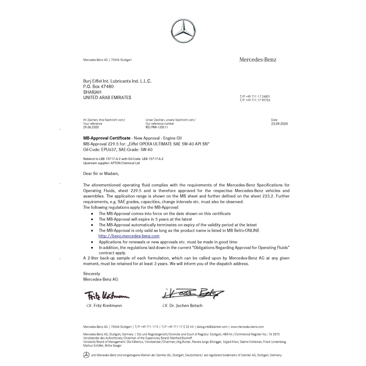 5w40 synthetic oil - MB APPROVAL CIRTIFICATE