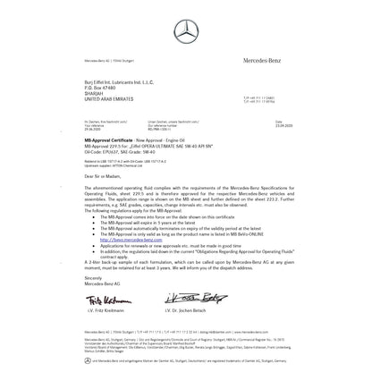 5w40 synthetic oil - MB APPROVAL CIRTIFICATE