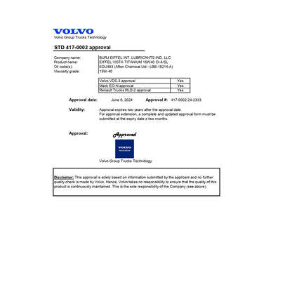 Eiffel Vista Titanium 15W-40 Semi-Synthetic Diesel Oil CI-4/SL VOLVO APPROVAL CIRTIFICATE 
